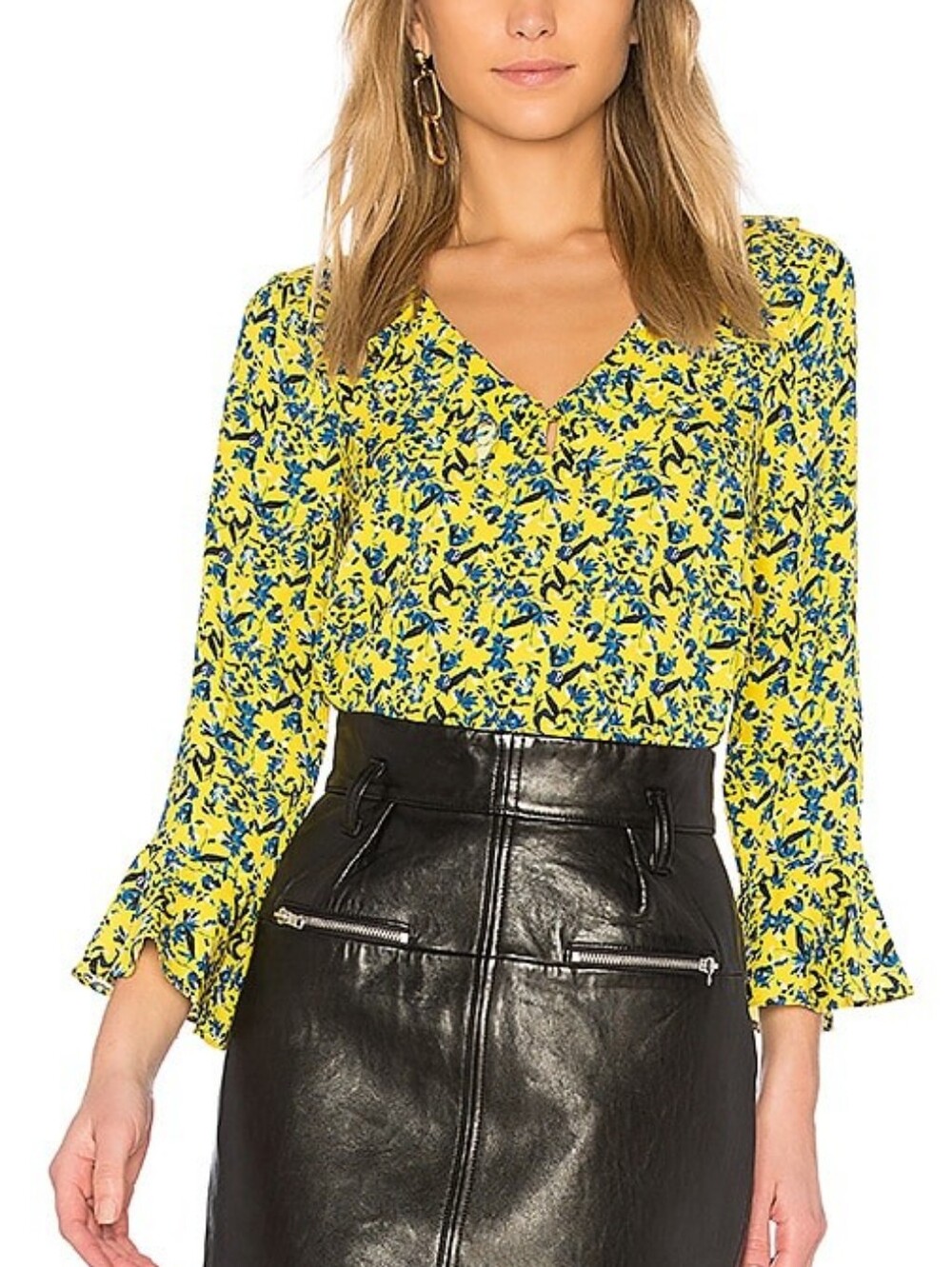 Tanya Taylor Staci Silk Ruffle V-Neck 3/4 Sleeve Blouse in Lemon Size 2